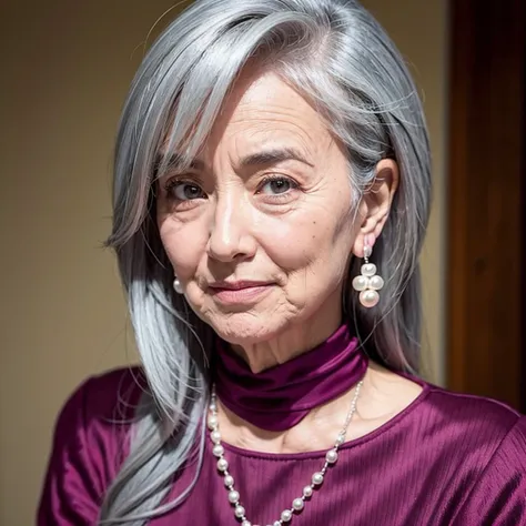 100-year-old grandmother、Gray Hair、The wrinkles are very deep、Thin top of head、Short neck、Mouth wrinkles、Thinning hair、Magenta Outfit、Pearl Earrings