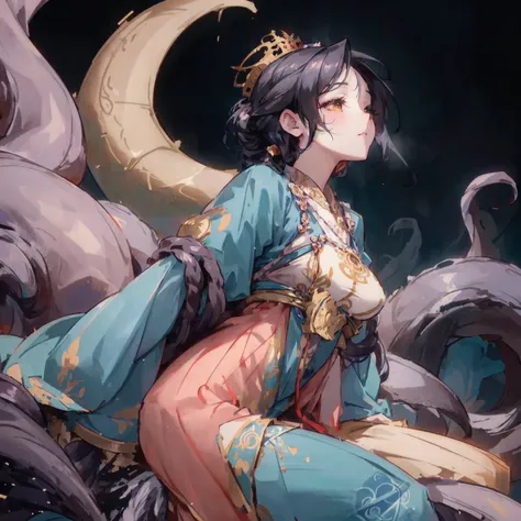 An anime girl is sitting on a giant octopus.，Wearing a crown on his head, 2. 5D CGI anime fantasy artwork, Gu Weiss, guys, Alphonse Mucha and Ross Draghi, Anime fantasy illustration, artwork in the style of Gu Weiss, Artjem and Nguyen Gia, Popular on cgsta...