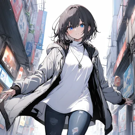 1girl, White shirt, open jacket, extra large shirt, jeans, silver jacket, white-black hair, blue eyes, short hair, long hoodie, turtleneck, long jacket