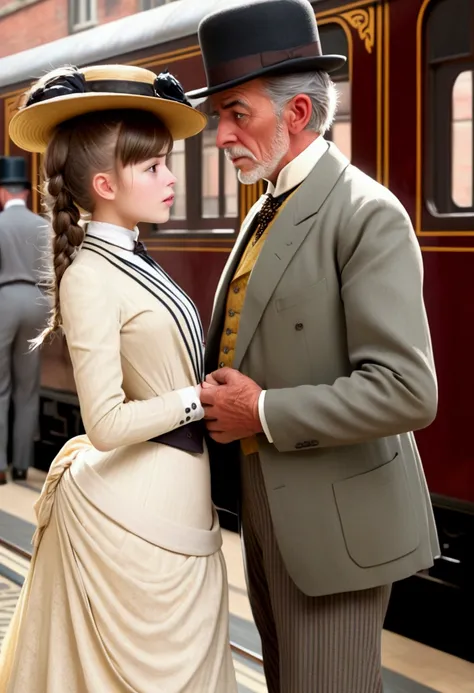 (masterpiece), (realistic), (((NSFW))). (ultra hd 8k), (realistic body proportions) very old man (69yo) in a business suit pushing his chest against the back of a very hot small curvy young teen Gibson Girl (13yo) wearing an elegant, stylish 1900_dr3ss and...