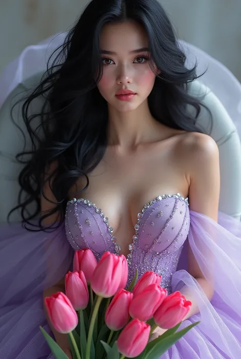 a digital art women with black hair, dark brown eyes, wearing a color lavander gown with a little bit glitters, she is holding a boqoue of tulips