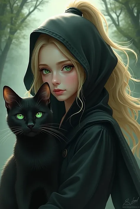 A girl with blonde hair tied in a ponytail, white skin and green eyes. With a black hood. Beside a green-eyed, black-furred cat