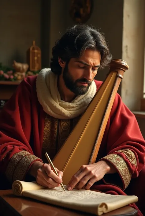 ((best quality)), ((masterpiece)), (detailed), perfect face
   "Davi, seated in a quiet, warmly lit room, plays a harp while looking down at a scroll where he writes a Psalm. The expression on his face is one of deep contemplation and connection with the d...