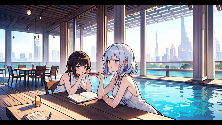 (masterpiece, best quality),2 women, different hair colors, different faces,letterboxed, perfection of fashion,chapped lips, sleeveless,dress,upper body, from the side,Infinity Pool,The horizon is reflected,Lounge Chair,marble floor,Advanced Table,Studying...