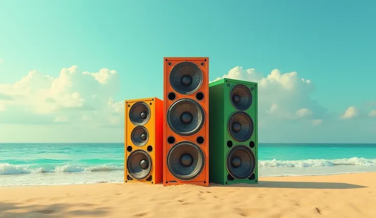 Three-tiered reggae speakers standing alone on the sandy beach