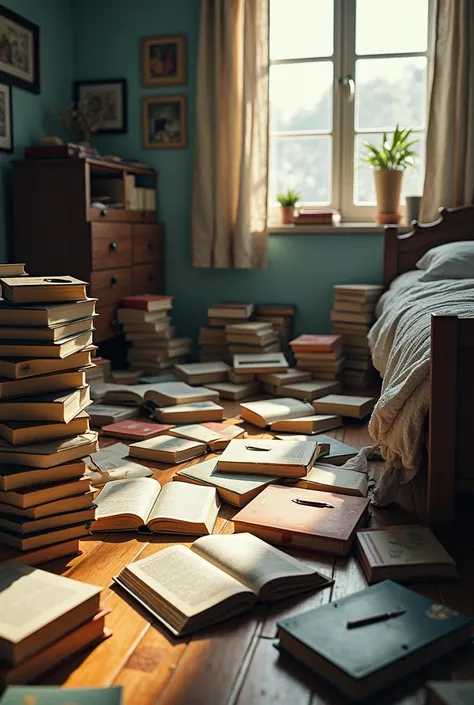 book mess up On the floor besides the bed