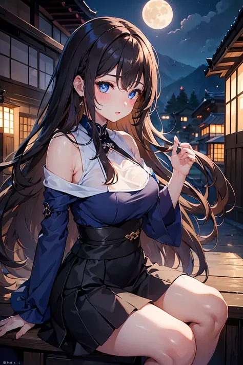 1 female、whole body、lower angle、Brown Hair、Long Hair、Well-groomed face、Dark lips、blue eyes、Blue dress、valley、slim、mini skirt、Kyoto、old buildings、night、full moon、masterpiece、Ultra-high resolution、delicate、Perfect lighting、sunlight、16K