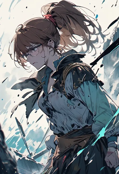 beaten up,buffed,bleed,determined,glasses,ponytail,pirate,pirate girl,brown hair,wound,bruises,broken glasses,cold colors