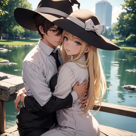 2people, hetero, romantic, hug, sitting near lake, sky, 2 moons, night, stars, glow, kuzuvine, hotatenshi, tsubonari, matcha, (realistic:1.5)
1boy, black hair, short hair, green eyes, witch hat, black hat, wide brim hat, three piece suit, frock coat
1girl,...