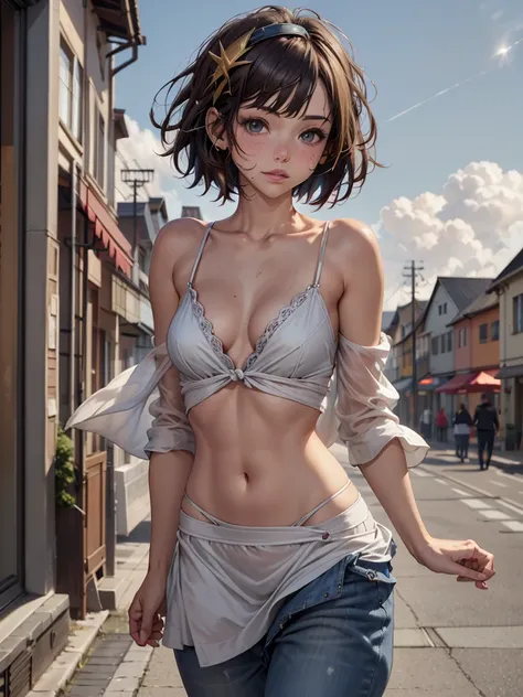 &Quot;((atelier)), perfect quality, plumpness, bulging, fully body, stunning beauty, Jeanfavonian, breasts small, (high quality anime), vred, blush, Standing on the street near the river next to the village, hands on the chest, Looking at the Viewer, witho...