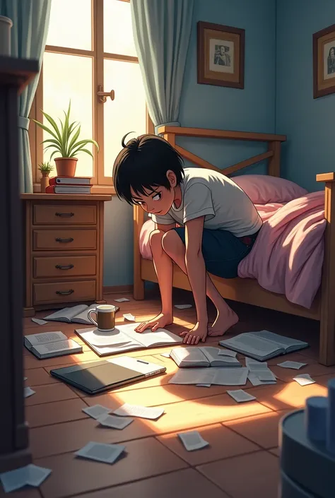  A university student learning at the bed while book mess up On the floor besides the bed