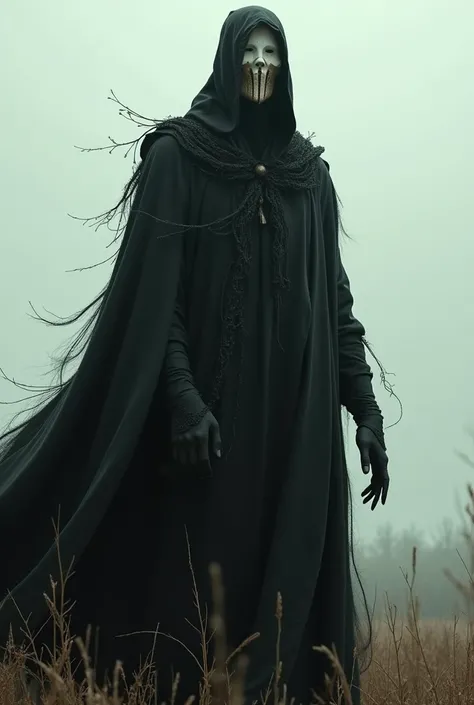 v from v for vendetta but as a scarecrow, uncanny mask, black robes