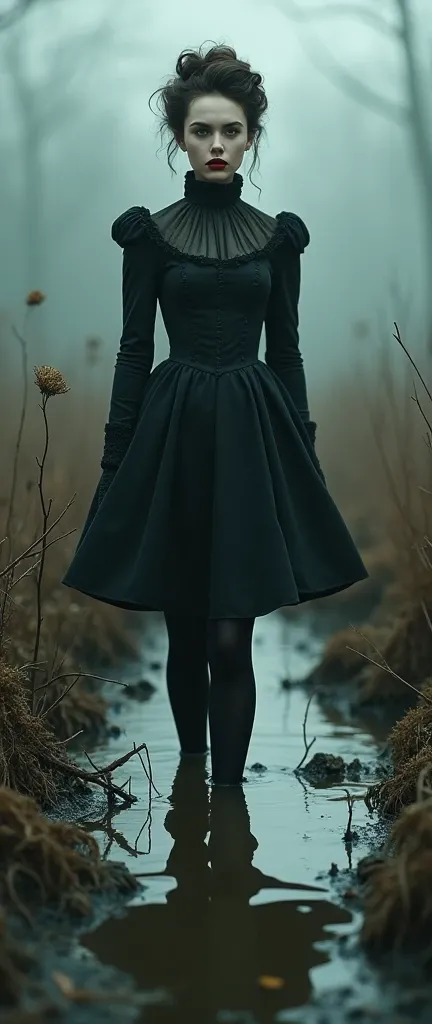  19 century setting, drama, stuck in bog,high-neck, closed dress, mini-dress, hips, high-neck dress, aristocratic hairstyle, stockings with garters, red lips, goth, aristocratic behaviour