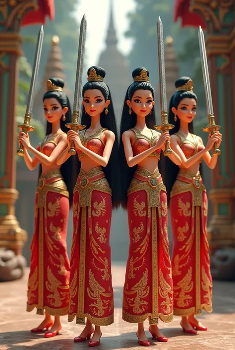 Four Barbies in Thai dresses are holding swords.