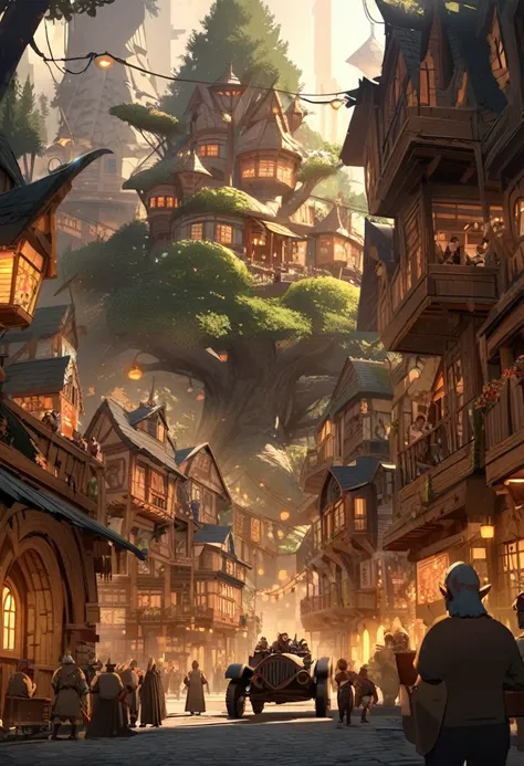 Scene from a big city.
Huge Western Medieval Magic City, many tree houses in human houses, a huge tree in the city center, many magical scenes, Steam cars, with different races like dwarves, orcs, goblins, etc.., best qualityer, beautiful graphics, extreme...