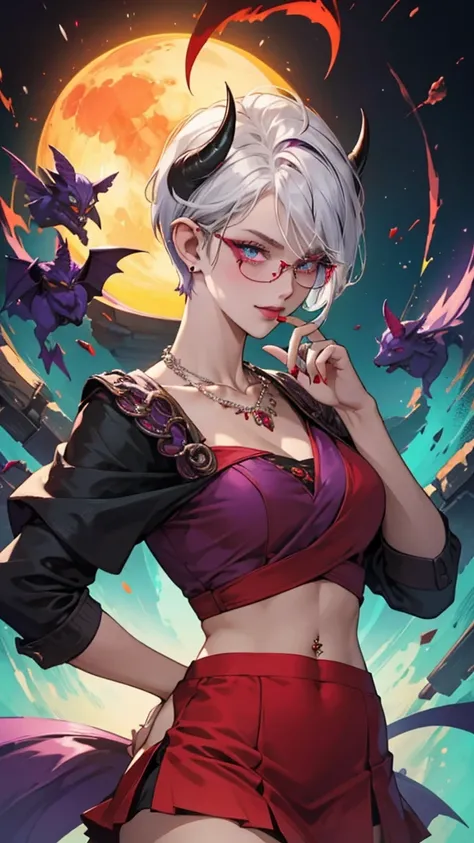 8k, masterpiece, best quality, highly detailed, 1 girl, tiefling, warlock, pixie cut, multicolored hair, very short straight hair red highlight hair on white hair, strippled hair, wearing glasses, round glasses, earrings, navel piercing, red eyeshadow, lon...