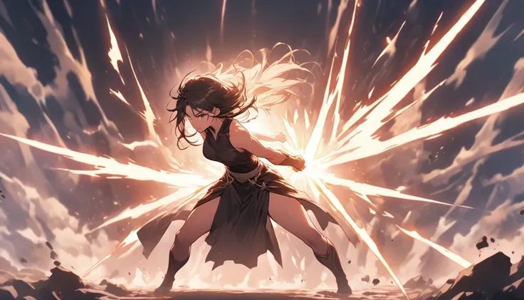 A full-body image of a female standing tall and powerful, exuding determination. In a dynamic pose, as if breaking through an obstacle, with their fists clenched and arms ready to push forward. 