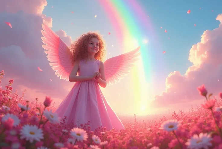 hyper detailed, angel, hopeful, intelligent, pink background, in the flower garden, in the field of flowers, in the sky, with a rainbow, blue sky and shining lights, with a flower, with a rainbow waterfall, with a geyser