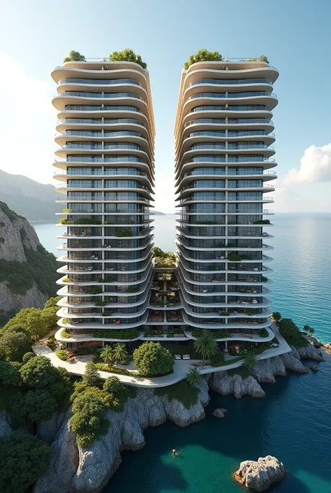 Facade of two high-density multi-family buildings with balconies and bioclimatic sea 
