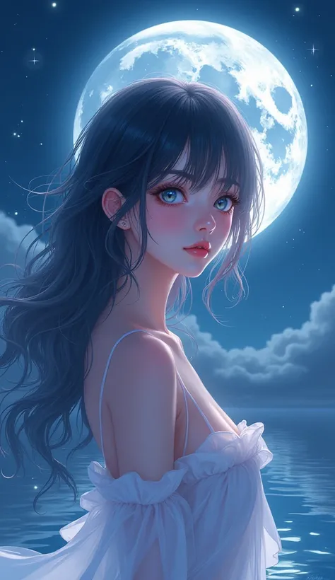 Beautiful anime girl against the backdrop of the moon