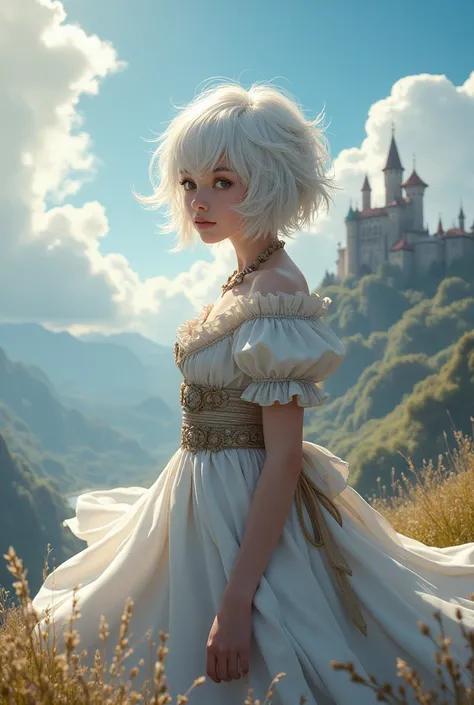 ((best quality, masterpiece)), 
1 girl, white messy hair,short hair,  outdoor, clouds on background,fantasy, middle Ages, castle on the background
