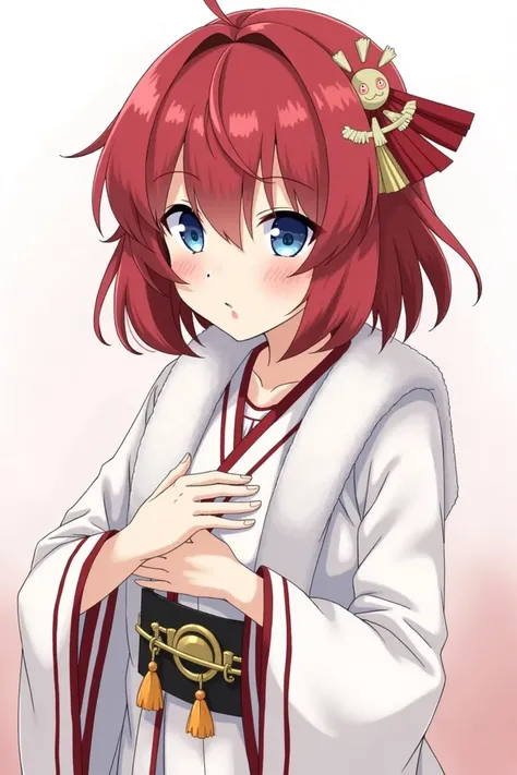 An illustration of a girl in a shrine maiden outfit having her chest rubbed.
Her eyes are blue.
Her hair is red.