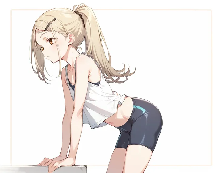 shinosawa hiro,slender,umber eyes,blonde hair,long hair,hairclip,ponytail,flat chest break tanktop,bike shorts,from side,leaning...