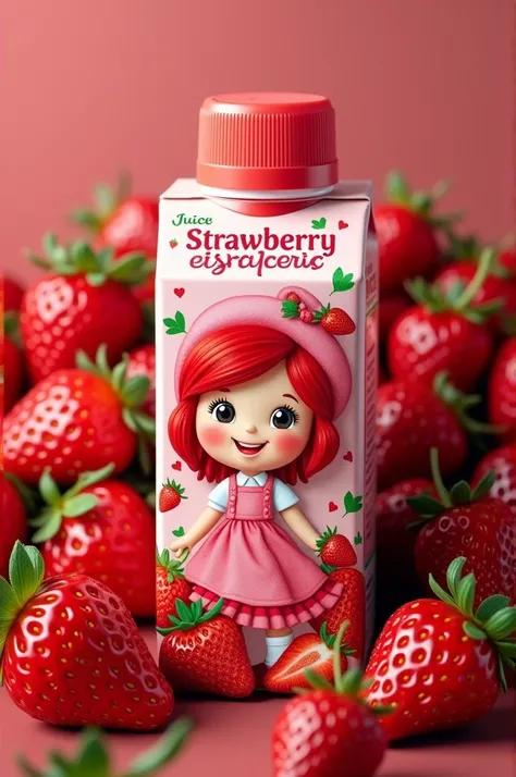 A juice box with the Strawberry Shortcake character featuring strawberries and a plastic lid that says strawberry 