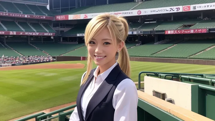 A female announcer is broadcasting live from Koshien Stadium.。Blonde ponytail。Sexy smile、front。In a suit