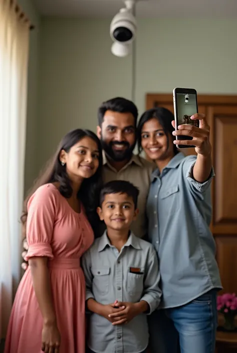 Mr. Singh (5 Feet 11 inches tail) is smiling and capturing a selfie of his entire family with his mobile phone held vertically. He is with his wife (5 feet tall), standing towards his left with her two mischievous kids. Pinky (girl) and Bablu (boy) are mak...