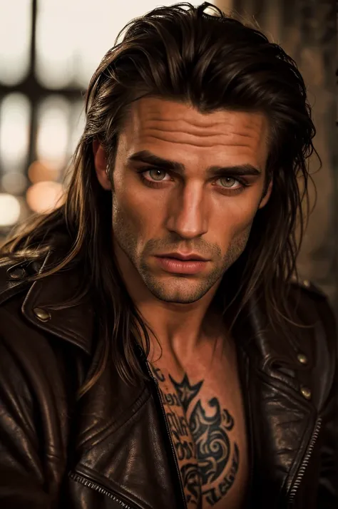 beautiful detailed eyes, beautiful detailed lips, extremely detailed eyes and face, long eyelashes, 1 man, muscular male, long hair, rock star, leather jacket, tattoos, dark moody lighting, cinematic, dramatic, gritty, high contrast, vibrant colors, cinema...