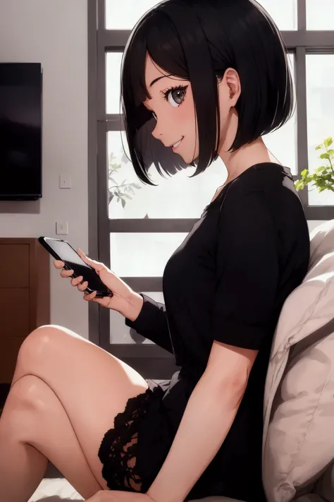 Woman sitting and looking at her smartphone,living room,smile, profile, black hair, bob cut, View Smartphone Screens