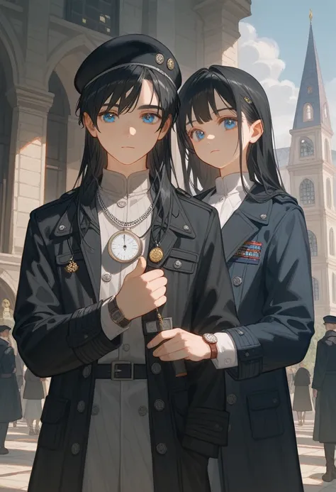 Twelve-year-old boy，Medieval style，Black trench coat，Standing，whole body女恋，站在side，side对观众，Far from the audience，calm，high quality，8k，Ultra HD，masterpiece，Detailed facial depiction，Blue Eyes，Black Hair，Berets，Scholarly demeanor，young，Preschool，Black trench ...