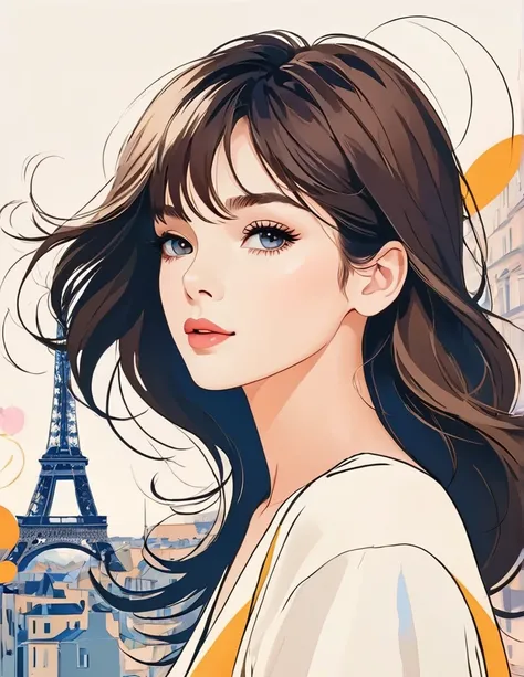 Mika Pikazo style, Simple Line Initialism，Abstract art，Background Paris, (((The most beautiful girl of all time))), Sweet face.