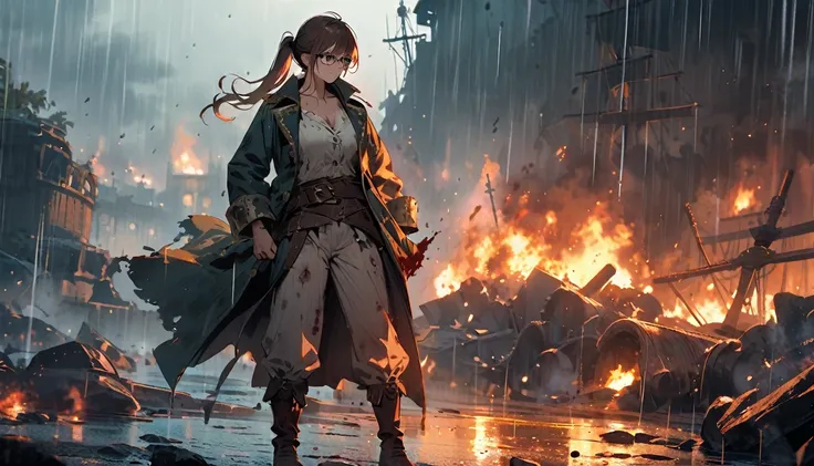 beaten up,buffed,bleed,determined,glasses,ponytail,pirate,pirate girl,brown hair,wound,bruises,broken glasses,cold colors,detailed,brown eyes,rain,fire particles,full body,scenary,beautiful