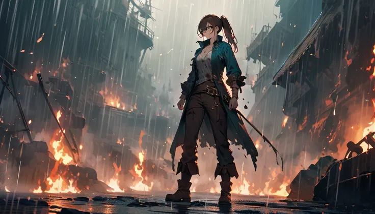 beaten up,buffed,bleed,determined,glasses,ponytail,pirate,pirate girl,brown hair,wound,bruises,broken glasses,cold colors,detailed,brown eyes,rain,fire particles,full body,scenary,beautiful