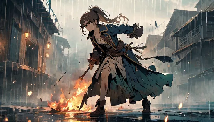 beaten up,buffed,bleed,determined,glasses,ponytail,pirate,pirate girl,brown hair,wound,bruises,broken glasses,cold colors,detailed,brown eyes,rain,fire particles,full body,scenary,beautiful