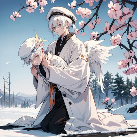 tsubonari, peach tree bloom, snow, kneeling,1boy, albino, long white hair, bang over one eye, green eye, angel wings, hat, long white coat