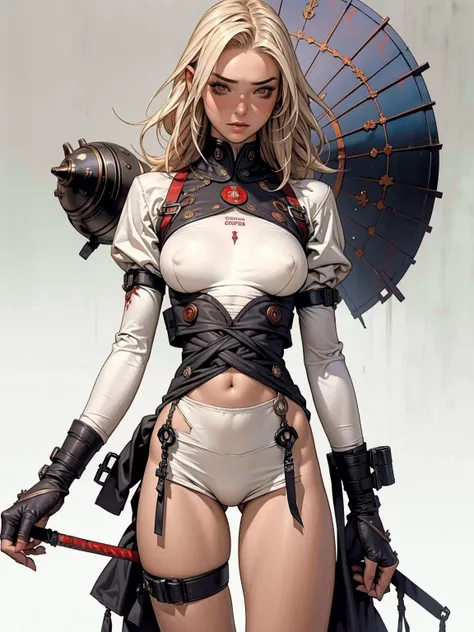 (best qualityer))), (((manga strokes))), woman red dragon knight, (((red helmet))), metal panties, medieval albino girl, Barbed wire garter belt, breasts covered with a wave-shaped metal breast protector, Curly white hair, long ribbon-garter, chains wrappe...