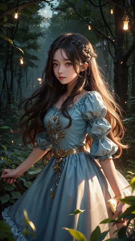 16-year-old, cute, fantasy, fair skin, long wavy hair, fairy, frills, night forest, fireflies 