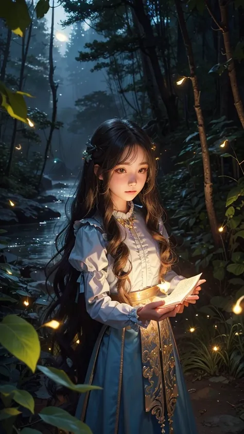 16-year-old, cute, fantasy, fair skin, long wavy hair, fairy, frills, night forest, fireflies 