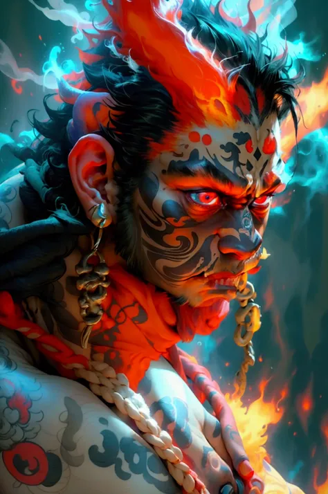 (masterpiece), (best quality), (detailed), male, asura god, demon horn, 6 hands, symbols tattoo all over body, flames around body, muscular, japanese style, katana at waist, rage