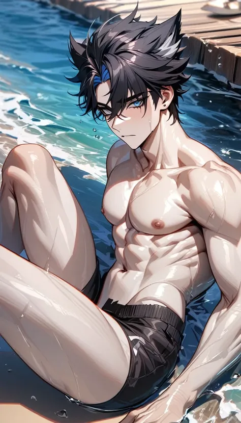 absurdres, highres, ultra detailed, HDR, master piece, best quality, detailed eyes, extremely detailed, delicated features, Wriothesley, black hair, expressive blue eyes, Genshin Impact, solo, sexy man lying on water, handsome, sensual, erotic, toned chest...