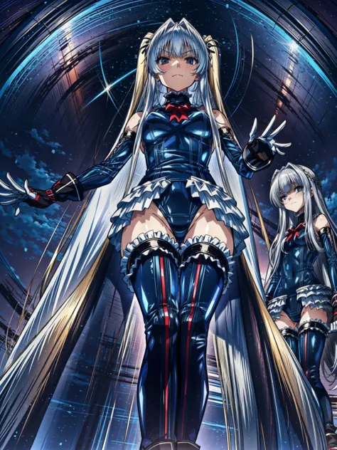 Perfect Anatomy, Highest quality, rose,,Provocative attitude
(Inside the futuristic base:1.1)(Emotionless,Expressionless:1.4),Anime Style,(Ruffled swimsuit, Knee socks, Removed sleeve), (Anime Style:1.4) ,(Three Girls:1.5),
Silver Hair,(White fingers:1.1,B...