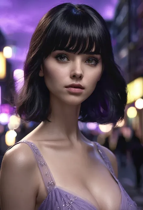 1 woman, inside a city at night, wearing a lilac dress, feminine gray eyes, clear and detailed skin, large breasts, straight black hair with straight bangs, dramatic lighting, cinematic composition, dark palette, dark colors, atmospheric haze, thin chin, s...