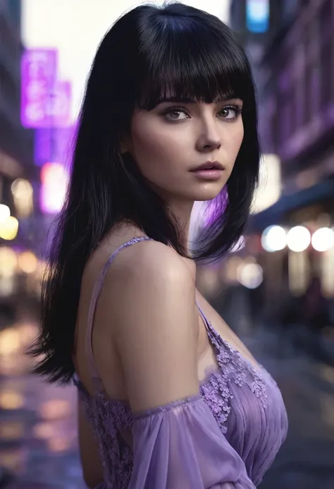 1 woman, inside a city at night, wearing a lilac dress, feminine gray eyes, clear and detailed skin, large breasts, straight black hair with straight bangs, dramatic lighting, cinematic composition, dark palette, dark colors, atmospheric haze, thin chin, s...