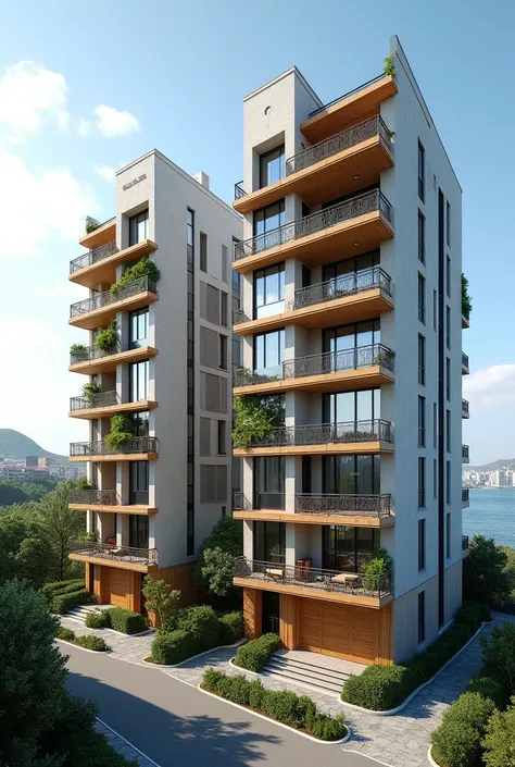 Facade of two high-density multi-family buildings with balconies and bioclimatic sea in a residential area 
