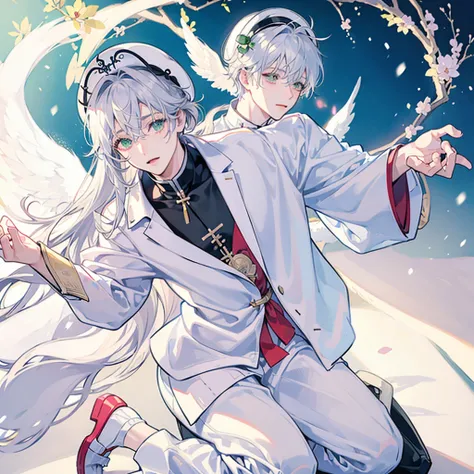 tsubonari, peach tree bloom, snow, kneeling,1boy, albino, long white hair, bang over one eye, green eye, angel wings, hat, long white coat