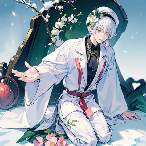 tsubonari, peach tree bloom, snow, kneeling,1boy, albino, long white hair, bang over one eye, green eye, angel wings, hat, long white coat