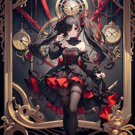 masterpiece, 最high quality, high quality, High resolution, Absurd, Very detailed, Best Anatomy, Detailed eyes, Perfect Eyes, The body is slim, Slim legs, One girl, alone,Very small breasts and a super body,tokisaki kurumi, Clock Eye, Black Hair, Twin tails...